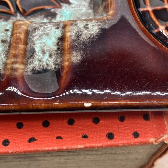 1970s California Pottery #3763 Spiderwed Glazed Ashtray 12”x8” Brown And Seafoam - Picture 11 of 11